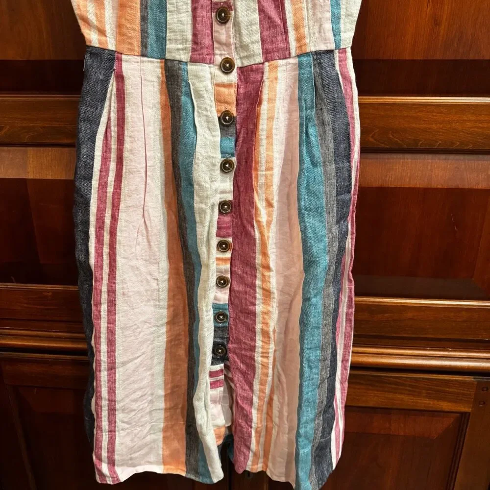 J.Crew 100% Linen Striped Midi Dress Ruffle Strap Button Front No Belt Size 2